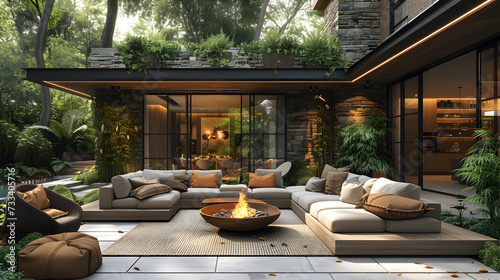 A stylish outdoor patio. Comfortable lounge chairs and fire pit. Created with generative AI.