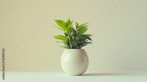  a close up of a plant in a vase on a table with a white wall in the background and a light green plant in the center of the vase is in the foreground.
