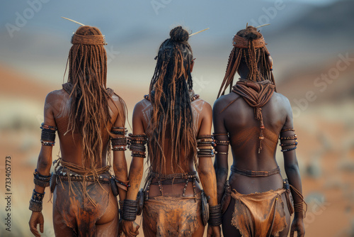 Group of women of the Himba tribe are walking through the desert to Opuwo town in Namibia