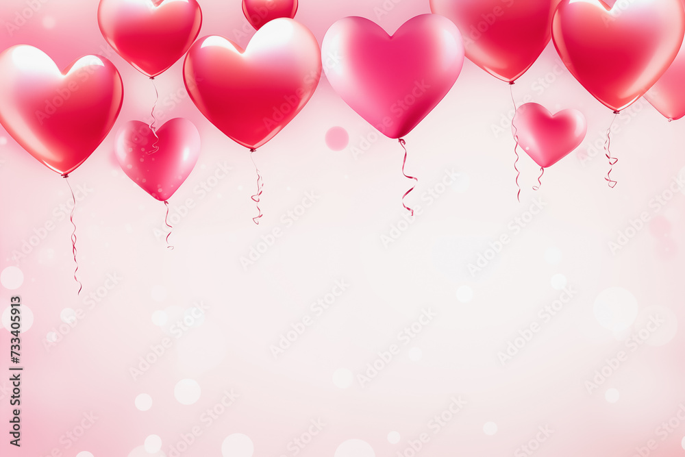 Border of Pink and Red Heart Balloons on Pink Background. Valentines Day concept. Copy space