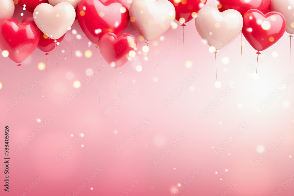 Border of Pink and White Heart Balloons on Pink Background. Valentines Day concept. Copy space