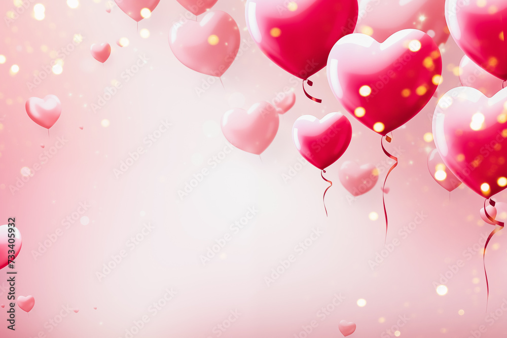 Pink and Red Heart Balloons on Pink Background. Valentines Day concept