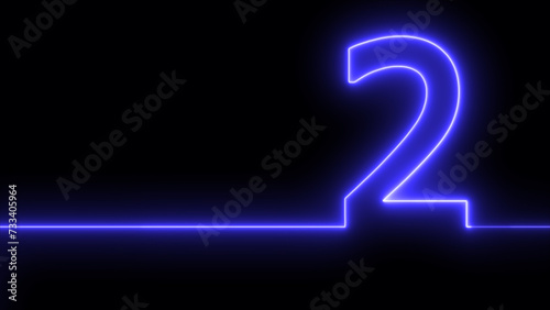 Neon digit 2 with alpha channel, number two. Animation Neon light blue color Number 1. Neon Glowing Symbol on Black Background.