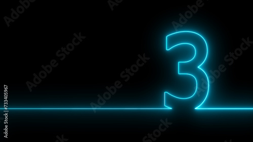 Neon digit 3 with alpha channel, number ONE. Animation Neon light blue color Number 3. Neon Glowing Symbol on Black Background.