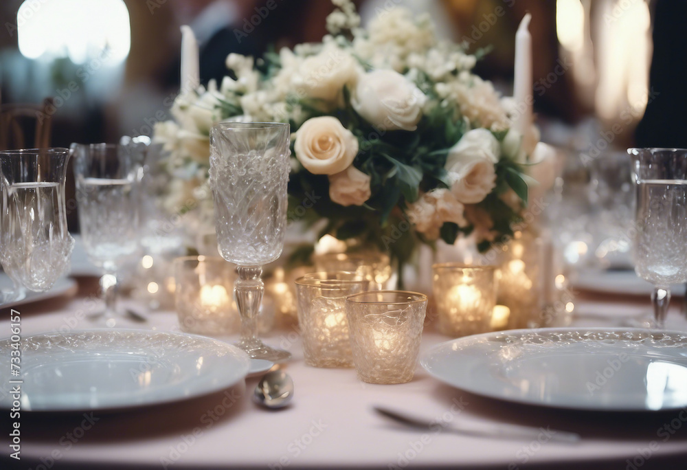 Wedding reception table setting with beautiful flowers sparkling glassware and dishes extra wide wit