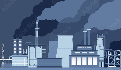 Smog pollution. Chimneys and factory pipes with smoke clouds. Industrial factories landscape. Emission of chemicals, air polluted recent vector scene