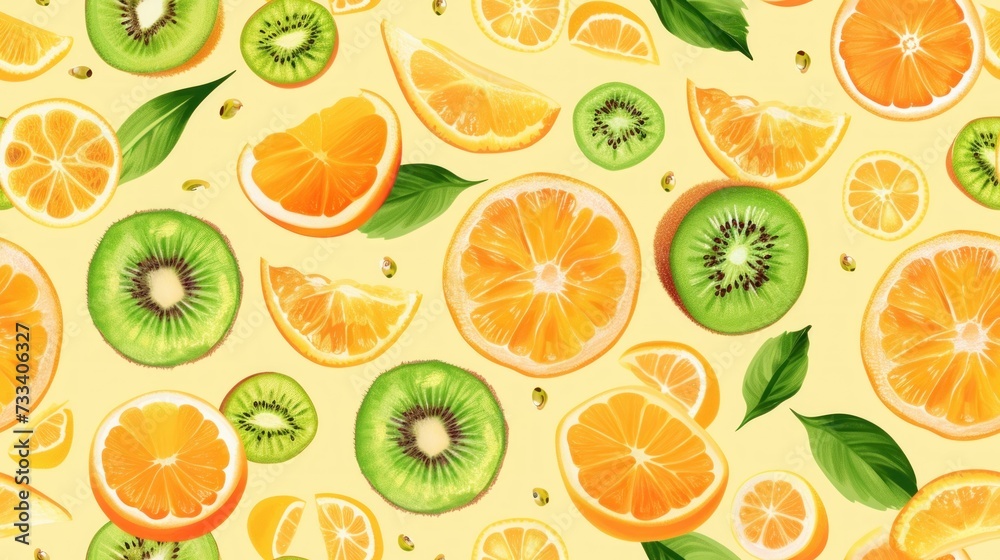 a bunch of oranges, kiwis and limes on a yellow background with leaves and slices of kiwis on top of the kiwis. a bunch of oranges, kiwis and limes on a yellow background with leaves and slices of kiwis on top of the kiwis.