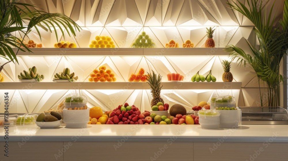  a counter topped with lots of fruits and veggies next to a shelf filled with pineapples, bananas, pineapples, oranges, and other fruits.