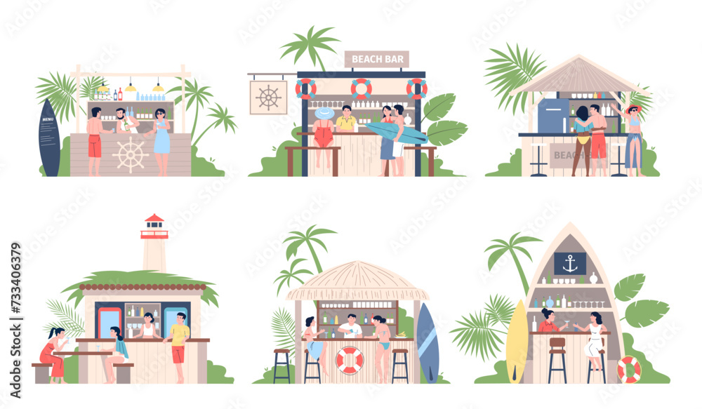 Beach bars. People rest in tropical cafe or bar. Seaside restaurants with barmen, summertime travel and vacation. Adults drinks, recent vector scenes