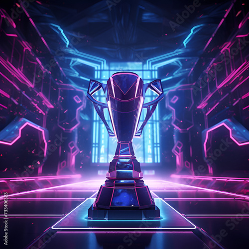 Esports neon cyberpunk winner trophy, gaming, champion cup award, winning trophy image design concept 