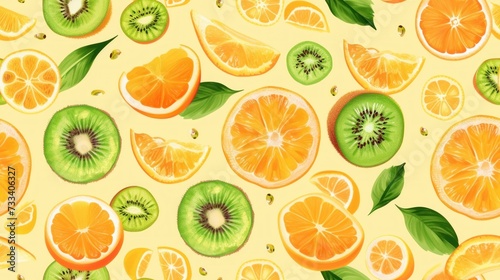  a bunch of oranges  kiwis and limes on a yellow background with leaves and slices of kiwis on top of the kiwis.