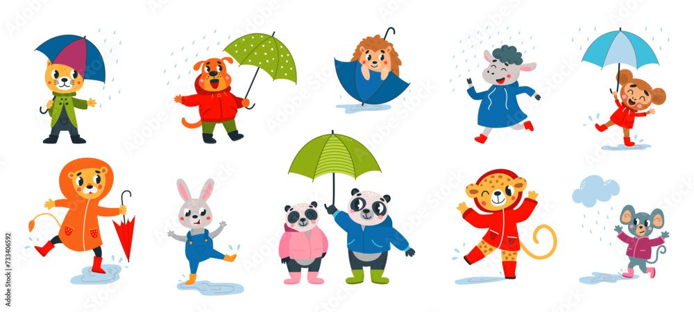 Funny animals at rainy day. Seasonal rain, animal wear raincoat and hold umbrella. Flat cartoon wild characters, panda, lion, cat classy vector set Funny animals at rainy day. Seasonal rain, animal wear raincoat and hold umbrella. Flat cartoon wild characters, panda, lion, cat classy vector set