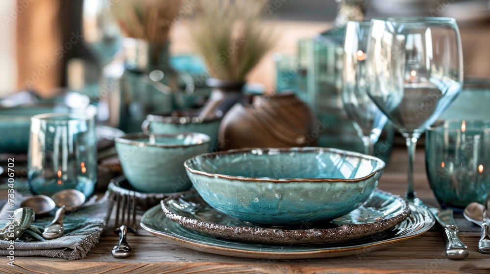 a close up of a table with a plate and cups and spoons and a vase with a plant in the middle of the plate and a bowl on the side of the table. a close up of a table with a plate and cups and spoons and a vase with a plant in the middle of the plate and a bowl on the side of the table.