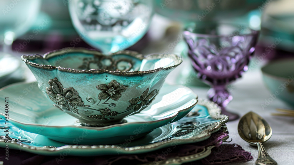 a close up of a tea cup and saucer on a table with other dishes and utensils in front of a white table cloth with a purple background. a close up of a tea cup and saucer on a table with other dishes and utensils in front of a white table cloth with a purple background.