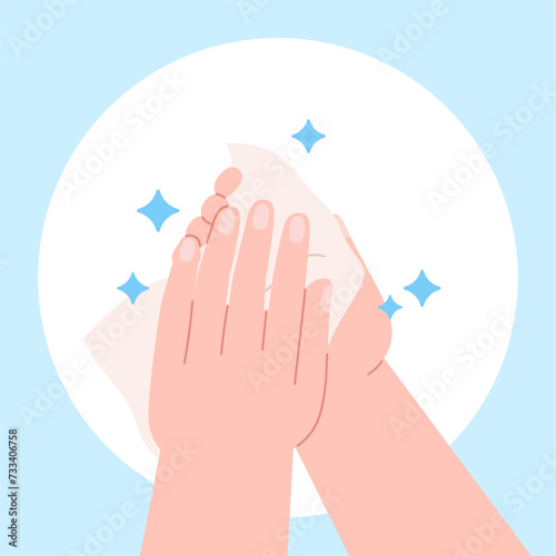 Wipe hands wet tissue. Self hygiene, disinfection antibacterial process and care. Person cleaning hand, human cleansing body racy vector concept photo