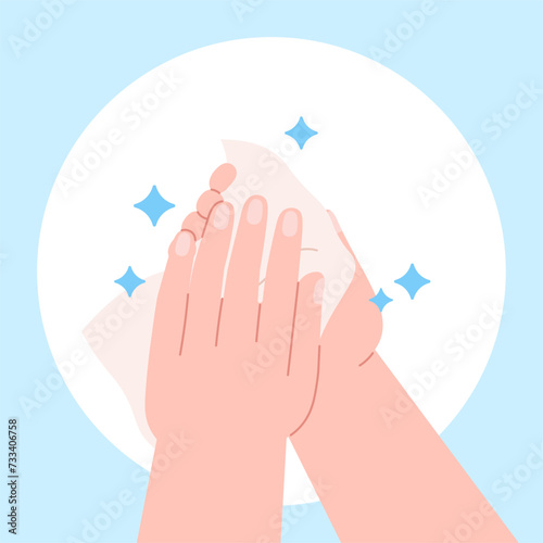 Wipe hands wet tissue. Self hygiene, disinfection antibacterial process and care. Person cleaning hand, human cleansing body racy vector concept