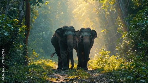  two elephants standing in the middle of a forest on a sunny day with the sun shining through the trees on the other side of the two elephants are facing away from the camera.