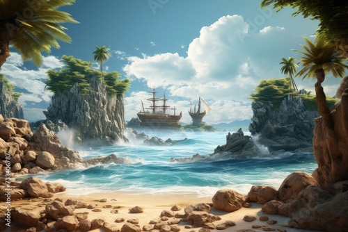 Sailing ship on the beach in the ocean