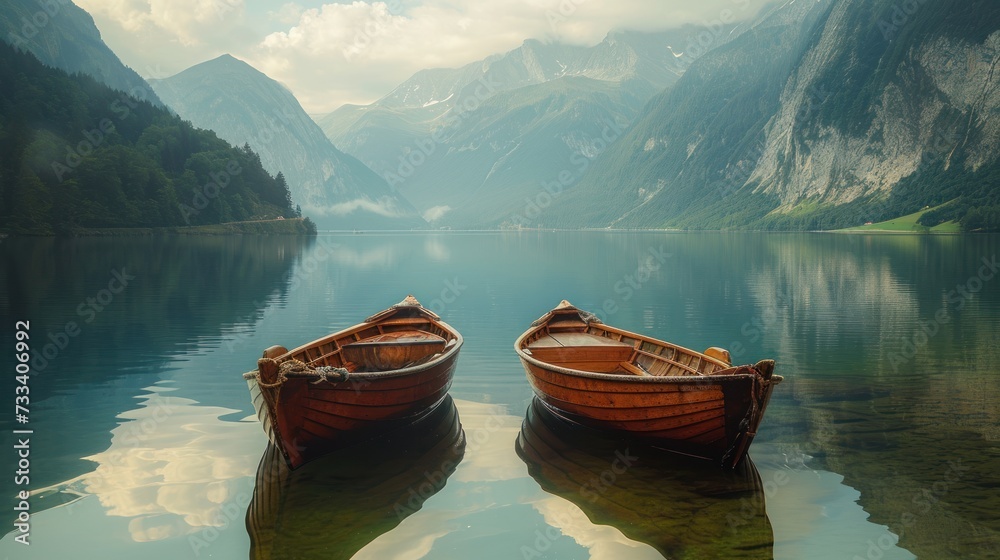  a couple of boats floating on top of a lake next to a lush green hillside covered in trees and a sky filled with fluffy white clouds and blue with puffy clouds.