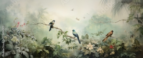Watercolor pattern wallpaper. Painting of a jungle landscape with birds. © Simon