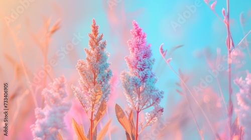 a close up of a bunch of flowers with a blue sky in the background and a blurry image of pink and blue flowers in the middle of the foreground.