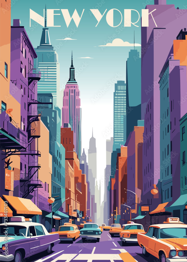 New York Travel Destination Poster in retro style. Urban city street vintage print. Traveling, vacation, holidays concept. Vector art colorful illustration. 