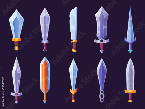 Medieval cartoon sword. Game swords icons, iron vintage weapons. Old style knives, sabre with steel blade. Warrior tools nowaday vector collection