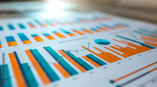 close-up of printed data charts, including bar graphs, line graphs, and pie charts, representing statistical analysis or business report findings.