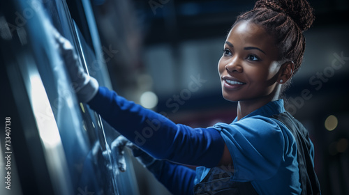 a scene of automotive expertise, a capable African female auto mechanic cleaner works alone, washing a vehicle with precision. photo