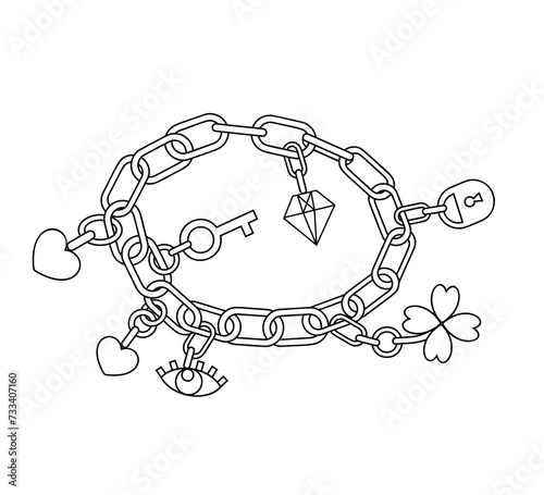 Bracelet chain with heart, diamond, key, lock and four leaf clover symbol. Sketch line vector illustration.