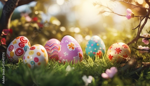 Various Golden Easter eggs with spring pattern theme and spring flowers in Green Grass background