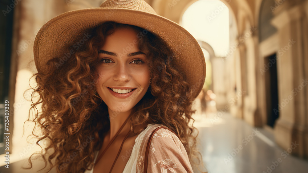 Happy young woman in hat on the street. Portrait of young woman with curly hair. Beautiful woman posing and smiling enjoying her time on street. Friendliness concept and tourism.