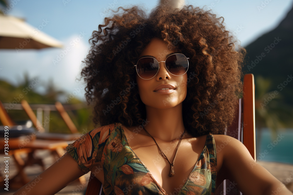 Portrait of happy young African American woman relaxing on wooden deck chair at tropical beach. Smiling african american girl with sunglasses enjoying vacation on the beach near the ocean.
