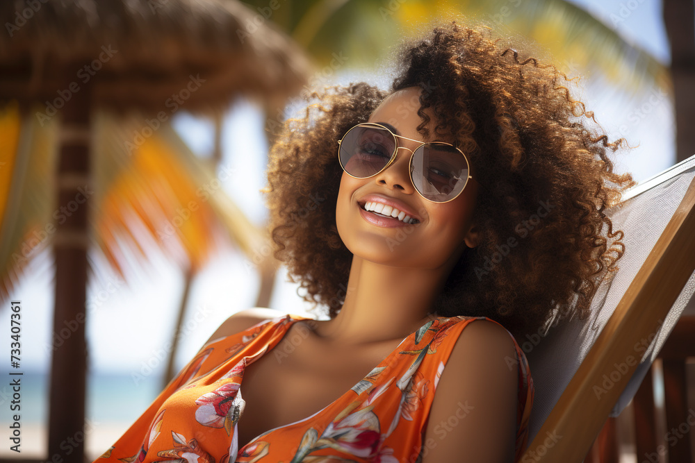 Portrait of happy young African American woman relaxing on wooden deck chair at tropical beach. Smiling african american girl with sunglasses enjoying vacation on the beach near the ocean.