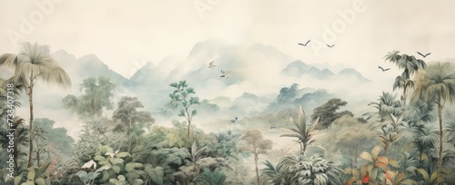 Watercolor pattern wallpaper. Painting of a jungle landscape with birds. photo