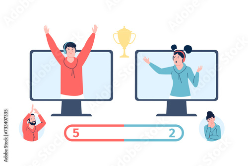 Cyber competition. Sport or game tournament in online. Modern digital hobby or occupation, professional gamers and trainers or fans, vector scene