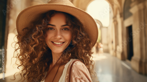 Obraz na płótnie Happy young woman in hat on the street. Portrait of young woman with curly hair. Beautiful woman posing and smiling enjoying her time on street. Friendliness concept and tourism. w salonie