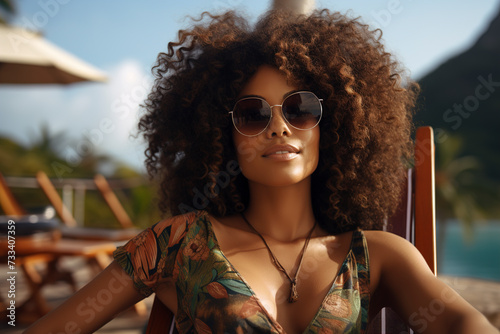 Obraz na płótnie Portrait of happy young African American woman relaxing on wooden deck chair at tropical beach. Smiling african american girl with sunglasses enjoying vacation on the beach near the ocean. w salonie
