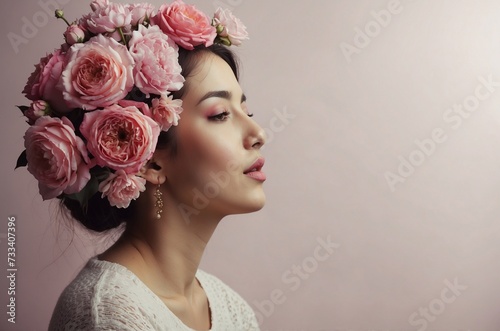 Close up portrait of an attractive young woman with Flowers, Beautiful Model Woman Face, Women's Day Concept.