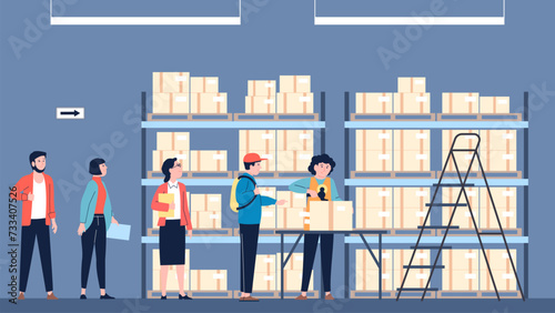 People on warehouse or stock office. Delivery service of purchases, post or store. Queue for parcels, people in waiting line and worker in uniform, vector scene