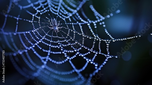  a close up of a spider web with drops of water on the spider's web, with a blurry background of blurry lights in the foreground. © Anna