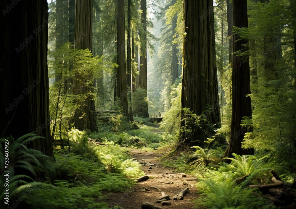 Fototapeta premium A winding path cuts through a dense forest filled with towering trees, creating a captivating scene of nature.