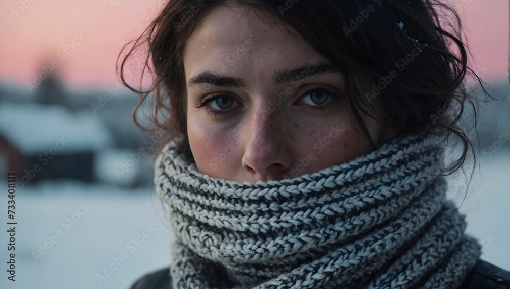 Portrait of a woman with black hair in her 30s wearing winter clothes. Close up. Portrait of a woman with black hair in her 30s wearing winter clothes. Close up.