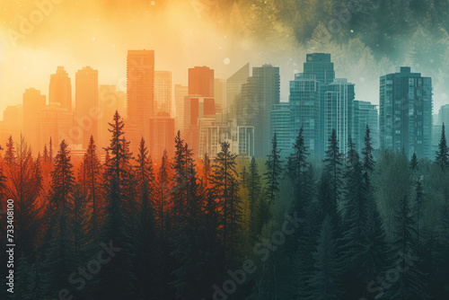 photo of a city and a forest landscape blended together