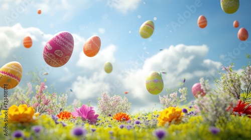  a bunch of eggs are flying in the air over a field of wildflowers and daisies with a blue sky in the background with fluffy clouds and sun.