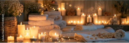 A luxurious spa setting with candles, towels, massage tables, and a tranquil, soothing atmosphere, promoting relaxation and self-care