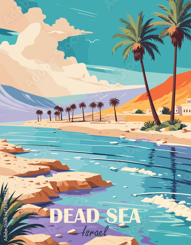 Dead Sea, Israel Travel Destination Poster in retro style. Landscape with sea beach and palm trees print. Exotic summer vacation, international holidays concept. Vintage vector colorful illustration.