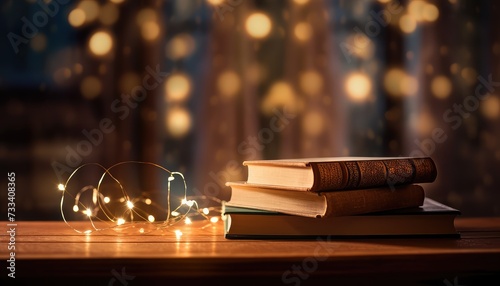 Open book on wooden table in front of bokeh lights background