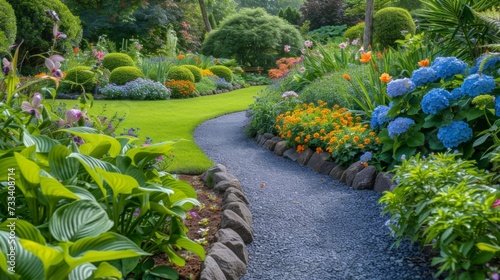 A tranquil garden oasis, with lush foliage, winding pathways, and blooming fl...