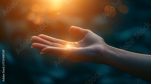 Human hands open palm up worship with faith in religion and belief in God on blessing background.Christian Religion concept background. photo